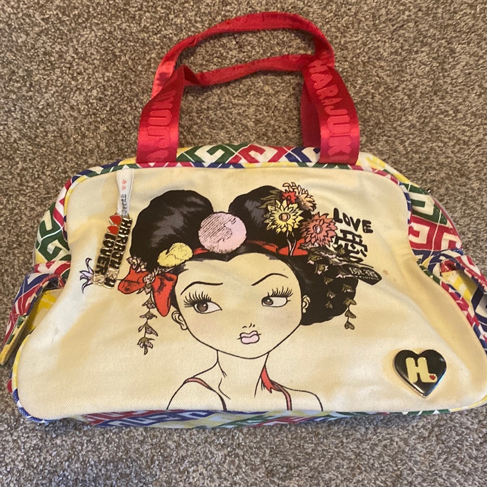 Harajuku Lovers Cream Tote with Multicolor Trim and Red Handles